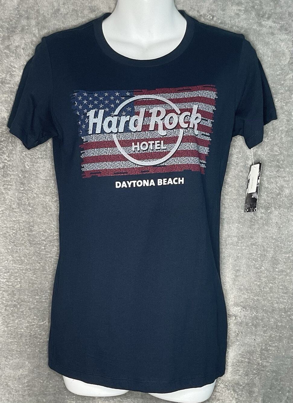 Hard Rock Hotel Daytona Beach Ladies Medium Navy Blue T-Shirt USA Flag Logo